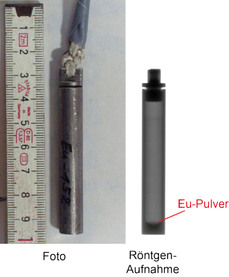 Links: Foto eines umschlossenen Kalibrierstrahlers mit 152/154Eu im unteren Bereich des VAehälters. Rechts Röntgen-Radiographie des Kalibrierstrahlers. 